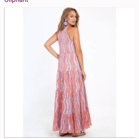 Oliphant coral pink and white block print tiered cotton tassle tie maxi dress S - Picture 2 of 13